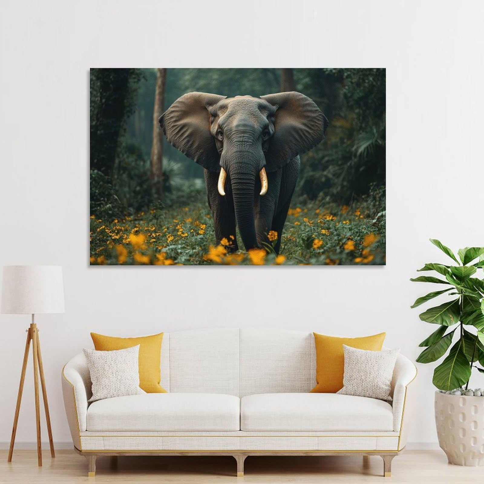 Junmoney Unframe-Style-25 Canvas Wall Decor Elephant In A Field Of Flowers, 20X30inch(50X75cm), For Lounge Decor, Bedroom Walls Or Flats, Eye Catching Artwork For Blank Walls