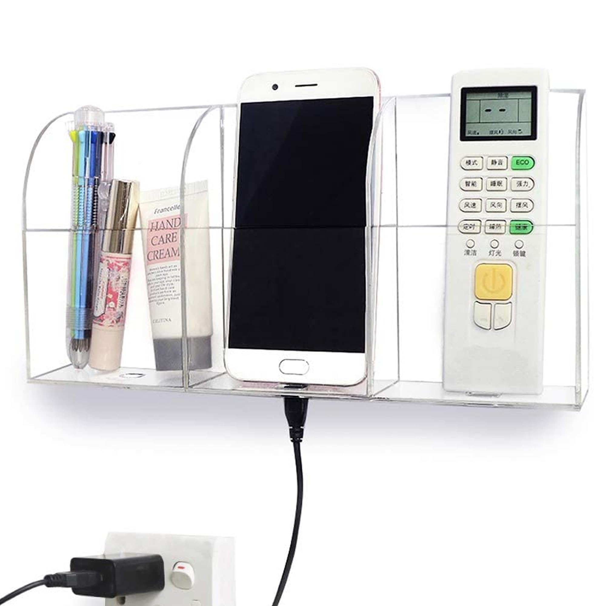 Pansyling Large Acrylic 3-Slot Wall Mounted TV Remote Control Holder No Drilling Clear Mobile Cell Phone Charging Stand Holder Caddy Storage Box Bedside Headboard Remote Control Organizer for Bed