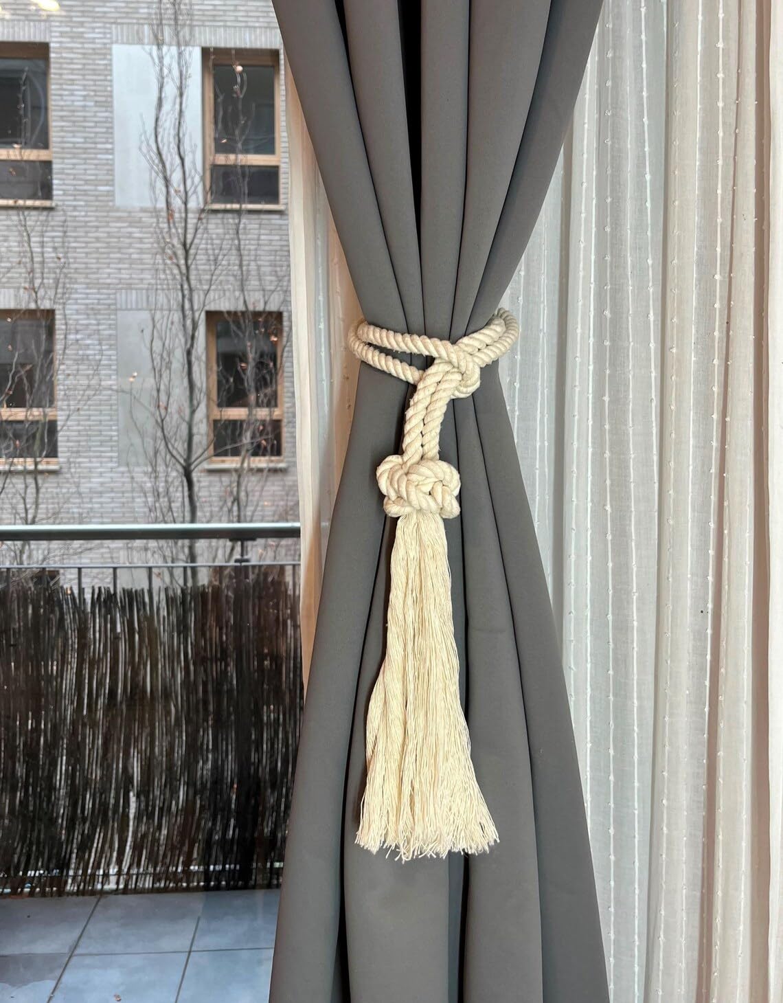 MAKNGRID (354303) Cotton Curtain Tiebacks with Diamond Knot and Tassel, Beige, Boho Style, Pack of 2 Contemporary Curtain Holdbacks Modern Drapery Holdbacks Neutral-Toned Drapery Accessories 2