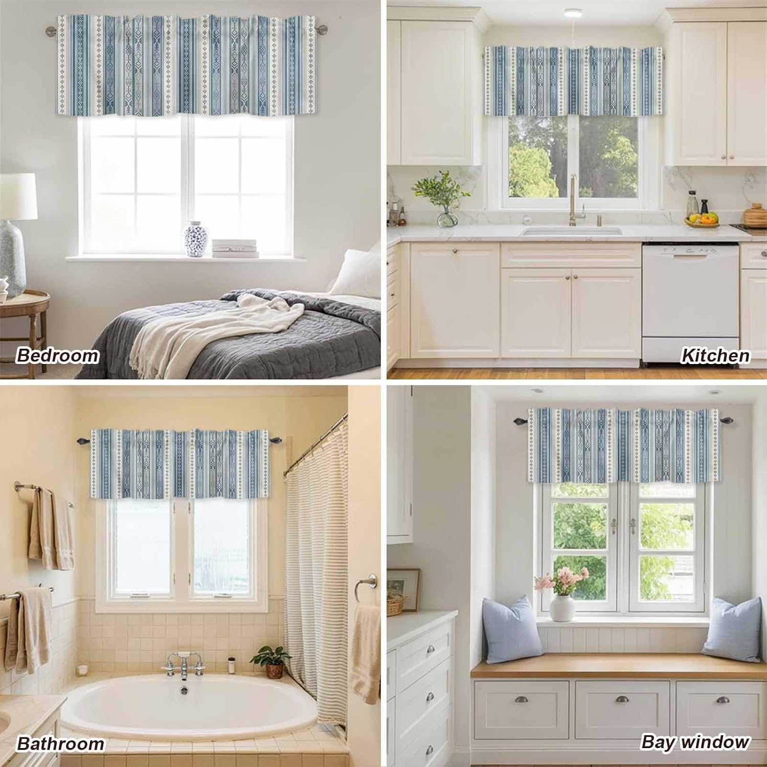 Kitchen Valances for Windows, Boho Pattern on Retro Stripe Valance Curtain Rod Pocket Valance, Geometric Line on Blue Beige Short Curtains Window Topper for Bedroom Bathroom Living Room 42x12in