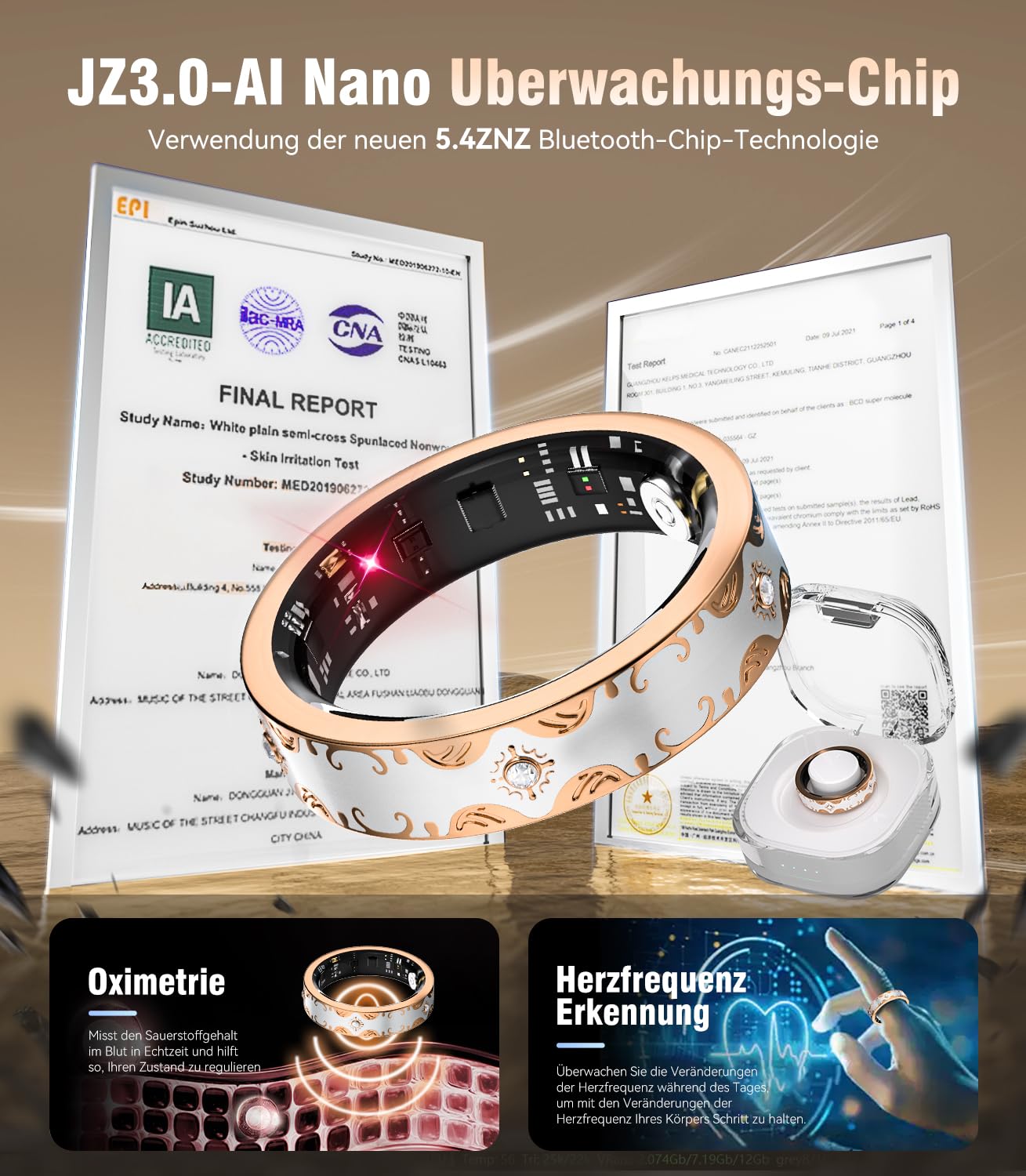 Anello intelligente e custodia di ricarica wireless 2026 【Tasso di errore 0% - precisione superiore del 30%】【Salute automatica 24/7 - 8 metriche (±2%)】Monitoraggio del sonno, SpO2 indossabile