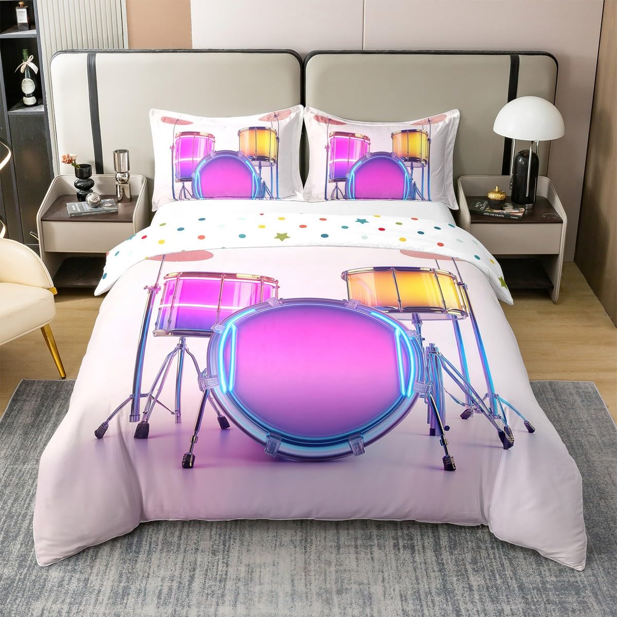 Homewish Housse de Couette 140x200 Enfant Coton Kit de Tambour, Parure de Lit Musique Moderne À Thème, Sets de Housses de Couettes Néon Coloré, Couvre Lit Musique Pop