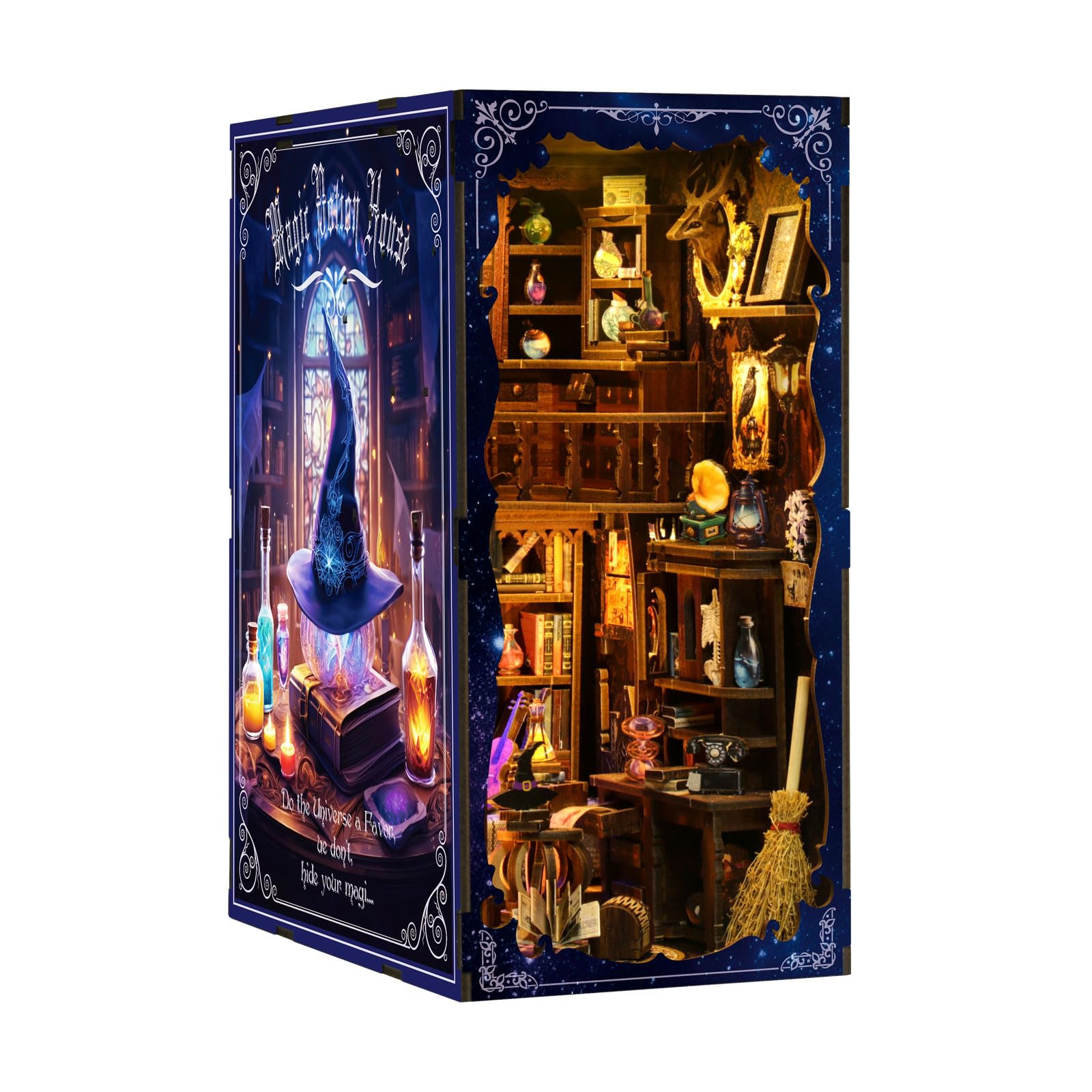 MaHo Book Nook Magic Lab - DIY Miniatur-Diorama fürs Bücherregal, 334 Teile, 11 x 18 x 23 cm, ab 12 Jahren - DIY Book Nook Kit aus Holz mit LED – 3D Puzzle Bücherregal Deko & DIY Buchstütze basteln