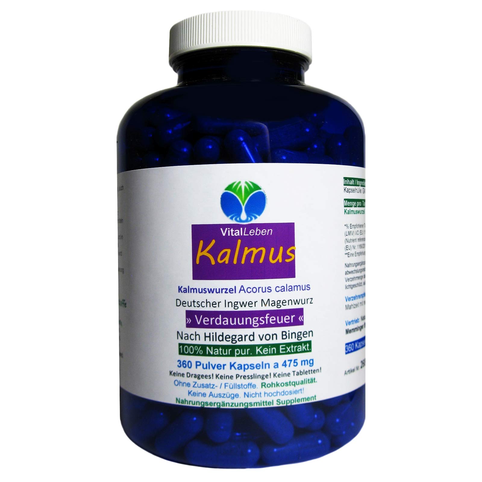 Kalmus-Wurzel Magenwurz Magen Bitter(stoffe) APERITIF & DIGESTIF Verdauung Stoffwechsel 360 Pulver Kapseln nach Ayurveda & Hildegard von Bingen - NATUR PUR ohne ZUSATZSTOFFE. 26860-360