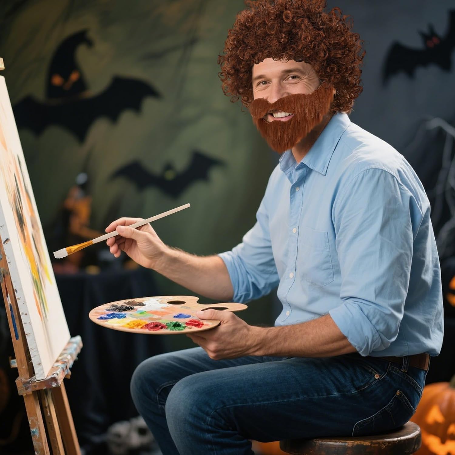 Leumoi 19 Pcs 80s Painter Costume Set Men Brown Afro Wig Beard and Painting Kit for Halloween Painting Artist Cosplay