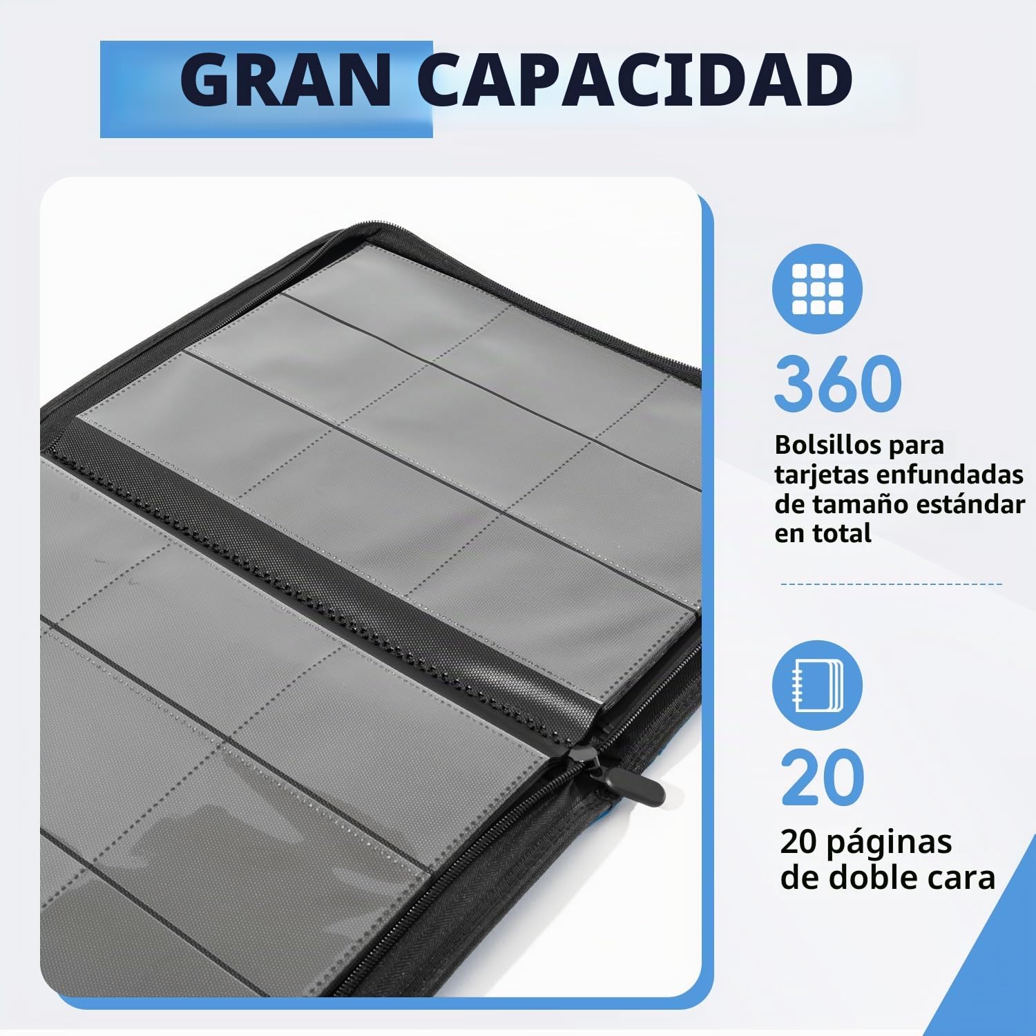 album cartas, Álbumes para cartas coleccionables Cubierta de PU con cremallera, 360 Tarjetas, 20 Páginas, Carpeta de cartas para TCG (Azul)