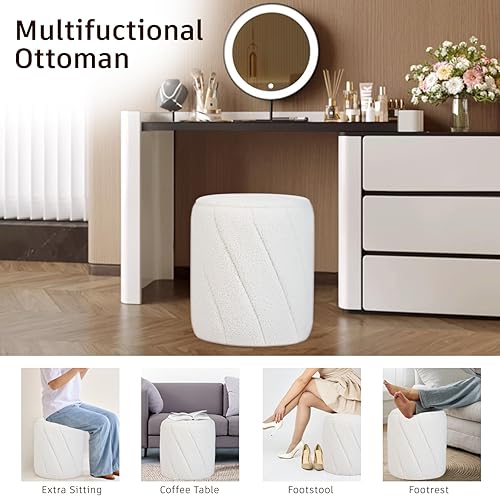Miniatura 5 de Otomana redonda moderna, otomana con espiral, taburete tapizado de vellón de peluche para maquillaje, dormitorio, sala de estar, color blanco