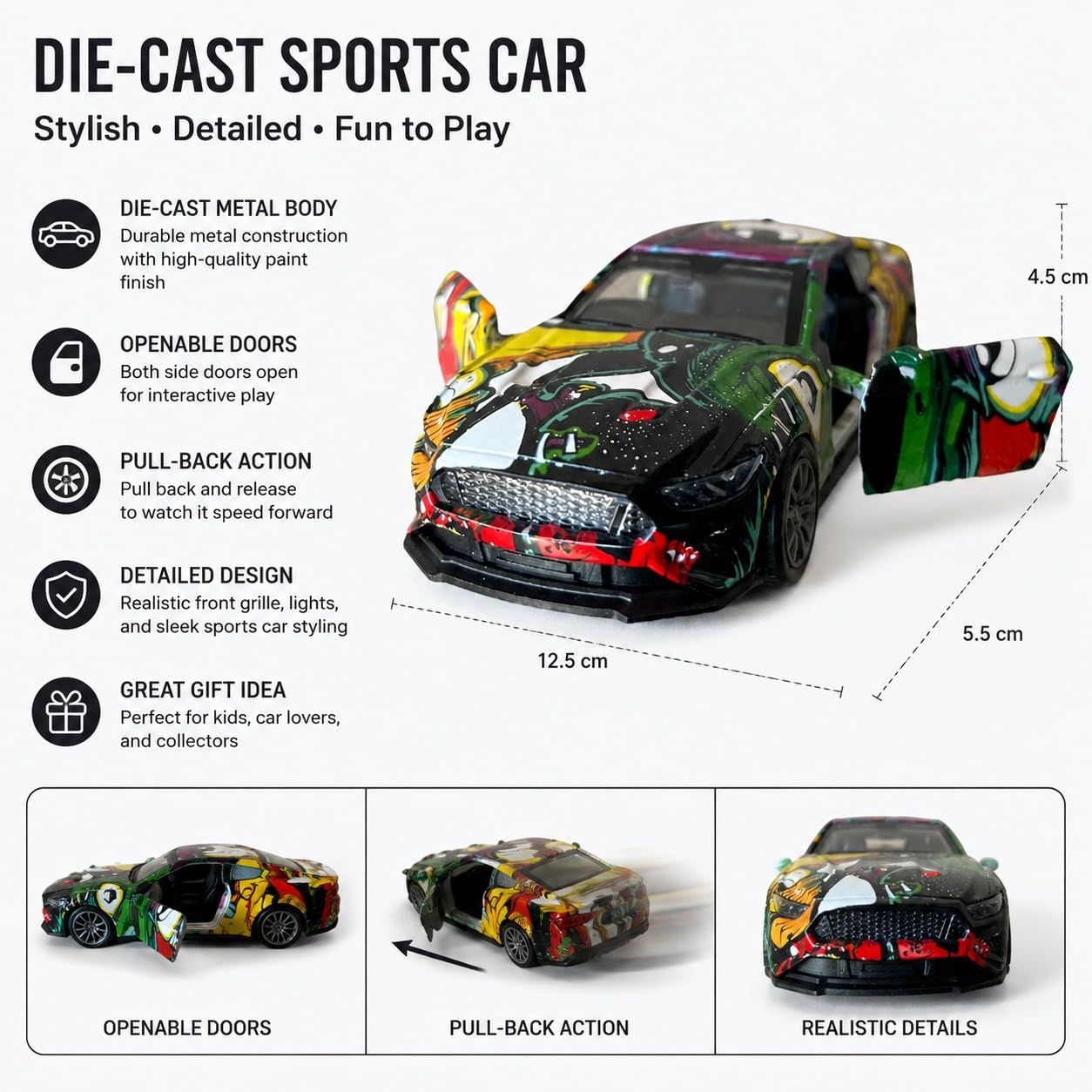 NEEYATI Die-Cast Model Car | Premium Metal Sports Car Toy with Graffiti Art Design | Pull Back Action Car for Kids, Collectors & Gifting | Opening Doors | Scale Model Vehicle (Multicolor) 4