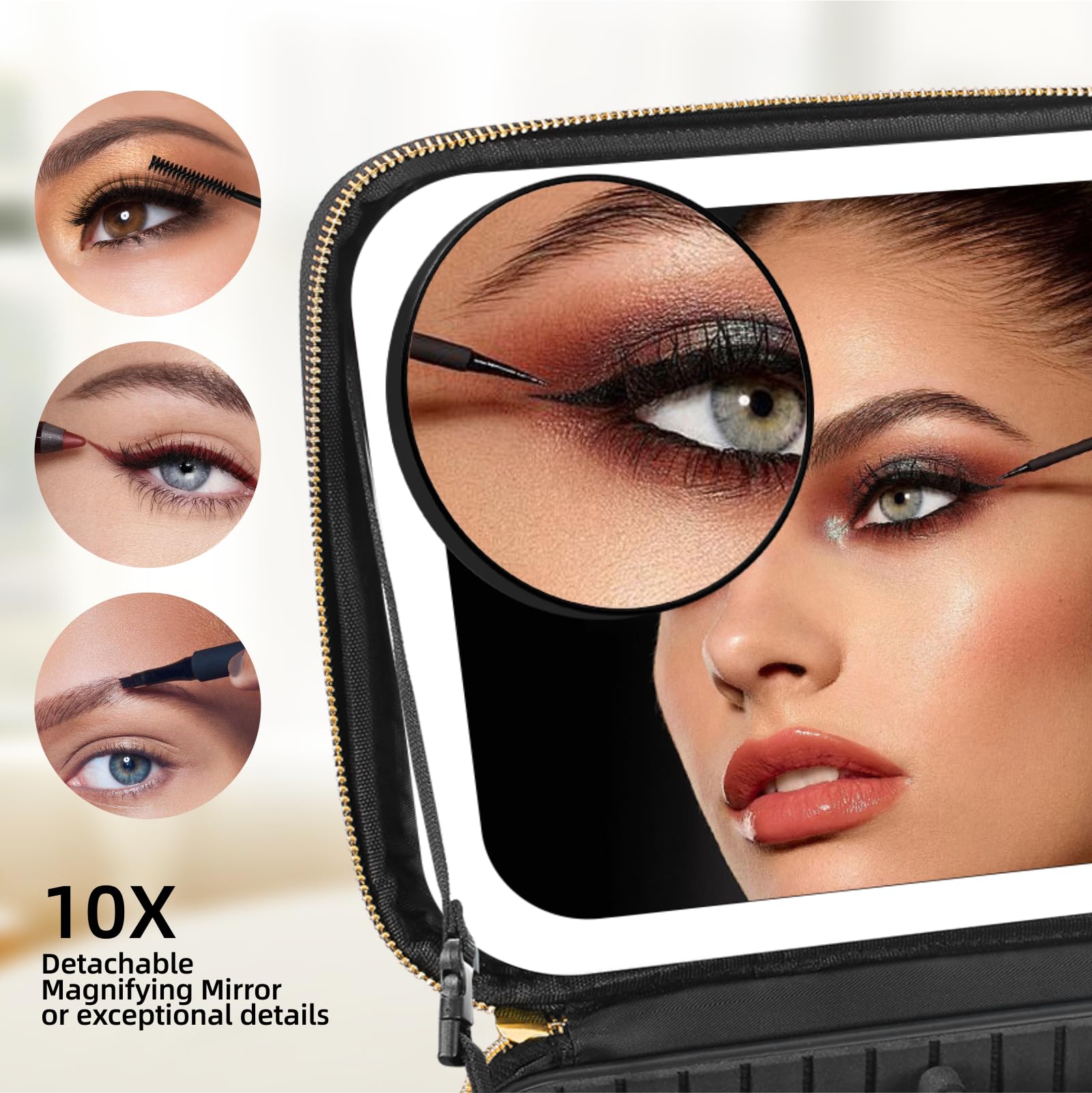 Trousse de maquillage de voyage avec miroir LED, étui de maquillage avec miroir éclairé, 3 réglages de couleur, boîte de maquillage étanche avec miroir grossissant 10x, organisateur de maquillage de