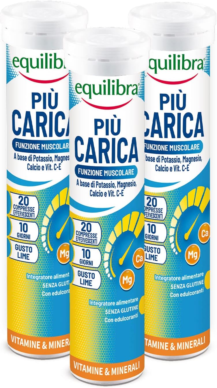 Equilibra Integratori Alimentari, Più Carica, Integratore per la Normale Funzione Muscolare, con Potassio, Magnesio, Calcio, Vitamina C e Vitamina E, Gusto Lime, 3 pezzi da 20 Compresse Effervescenti