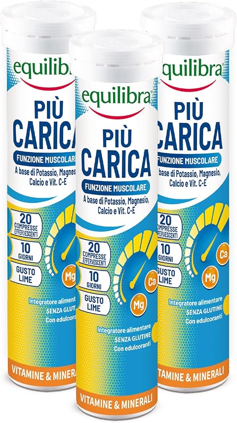 Equilibra Integratori Alimentari, Più Carica, Integratore per la Normale Funzione Muscolare, con Potassio, Magnesio, Calcio, Vitamina C e Vitamina E, Gusto Lime, 3 pezzi da 20 Compresse Effervescenti