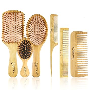 BestFire 6 in 1 Hair Brush Set for Men & Women Bamboo Bristle Hairbrush, Tail Comb, Double Head Comb, 3 Air Cushion Massage Brushes for Scalp Massaging