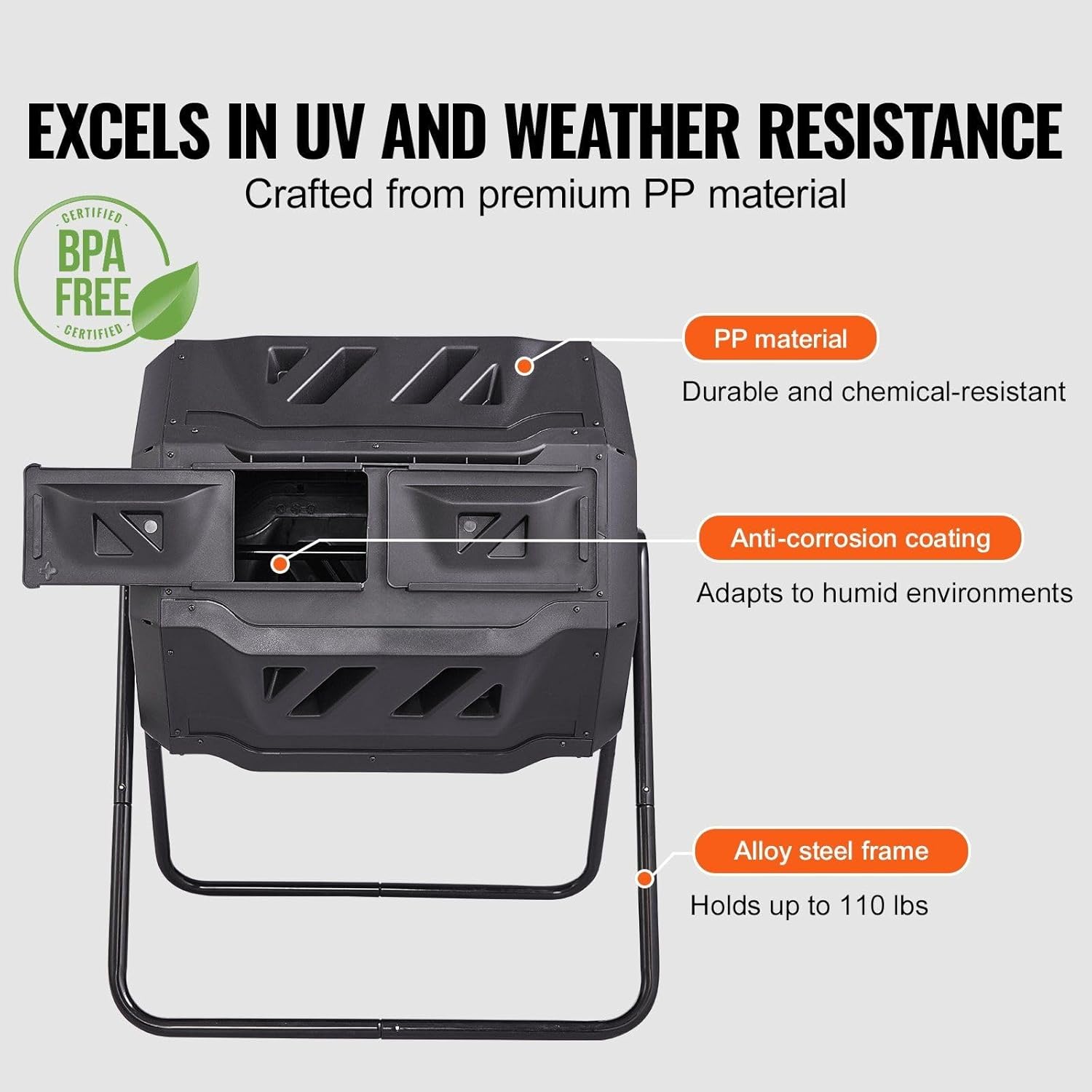 Compost Bin Tumbler, 43 Gal Dual Chamber Composter - Rotating Outdoor Compost Bin with 2 Doors & Steel Frame - Garden, Yard, Kitchen Composting