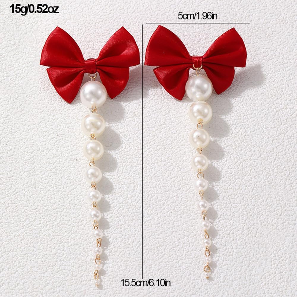 Red Bow and Long Pearl Drop Earrings for Women Dangling Black Bow with Pearl Hanging Tassel Earring Bridal Wedding Prom Jewelry - Image 2