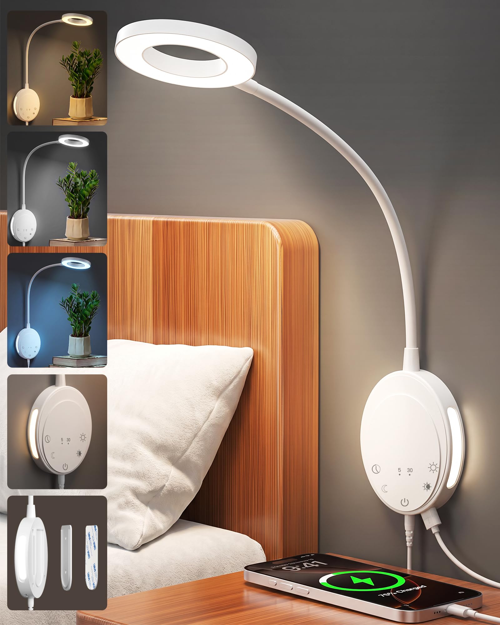 LED Wall Mounted Reading Light with USB,Book Light for Reading in Bed