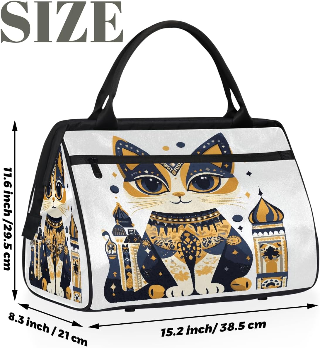 Large Travel Duffle Bag for Women Men,Waterproof Weekender Overnight Bag Carry on Tote Bags for Gym Sport Business Trip,Egyptian Ethnic Cat Duffel Bags