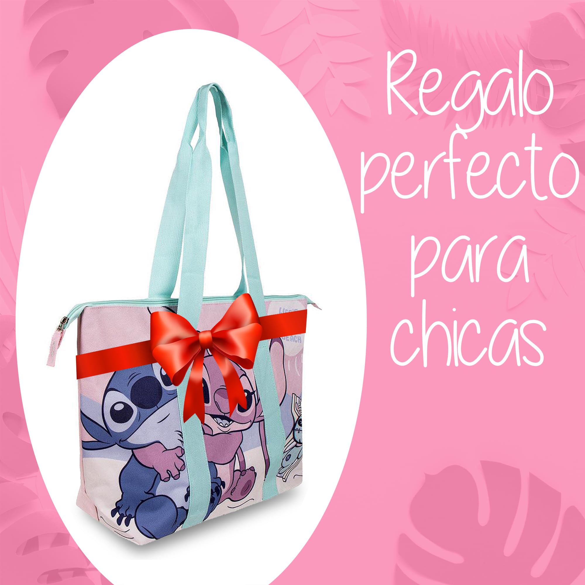 Bolso Stitch & Angel Niña – Bolsa Grande con Cremallera – Ligera y Espaciosa – Para Colegio, Piscina, Playa y Viajes