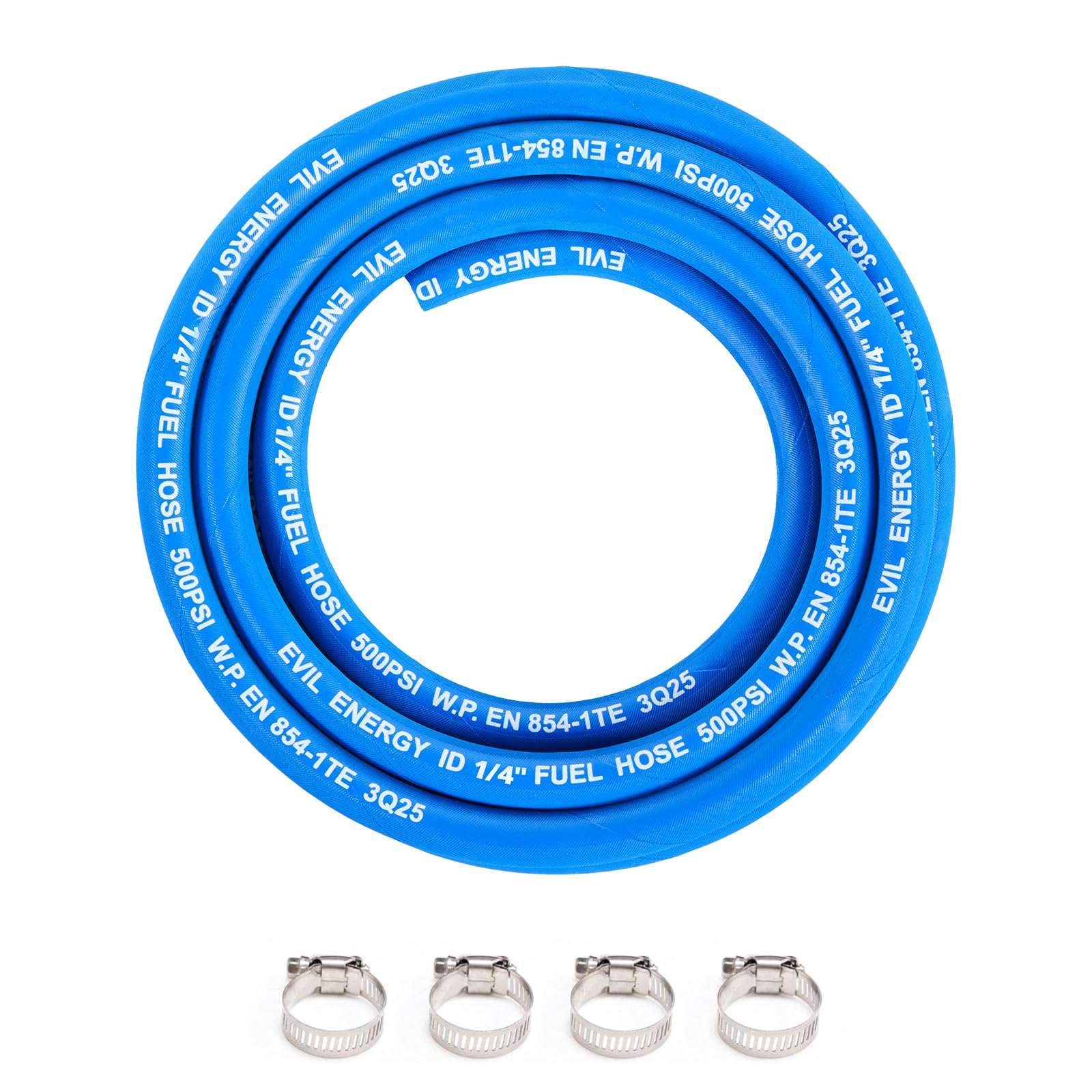 EVIL ENERGY 1/4" High Pressure Fuel Line Hose 10FT 500PSI E85 for Fuel Systems Engines NBR Rubber EN854-1TE Blue