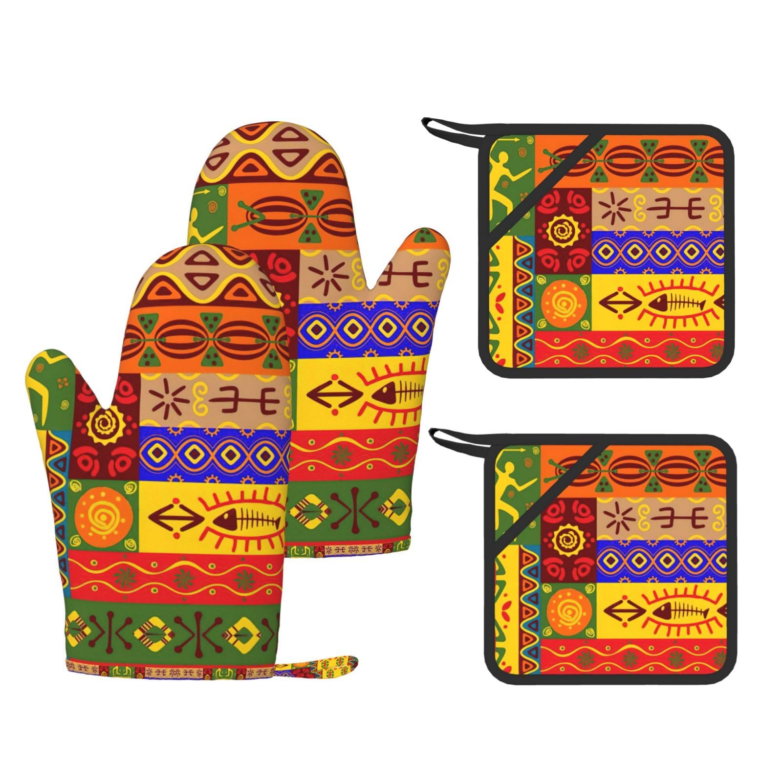 African National Patterns Printed Oven Mitts with Pocket and Hot Pads, Silicone Non-Slip Kitchen Gloves for Baking BBQ