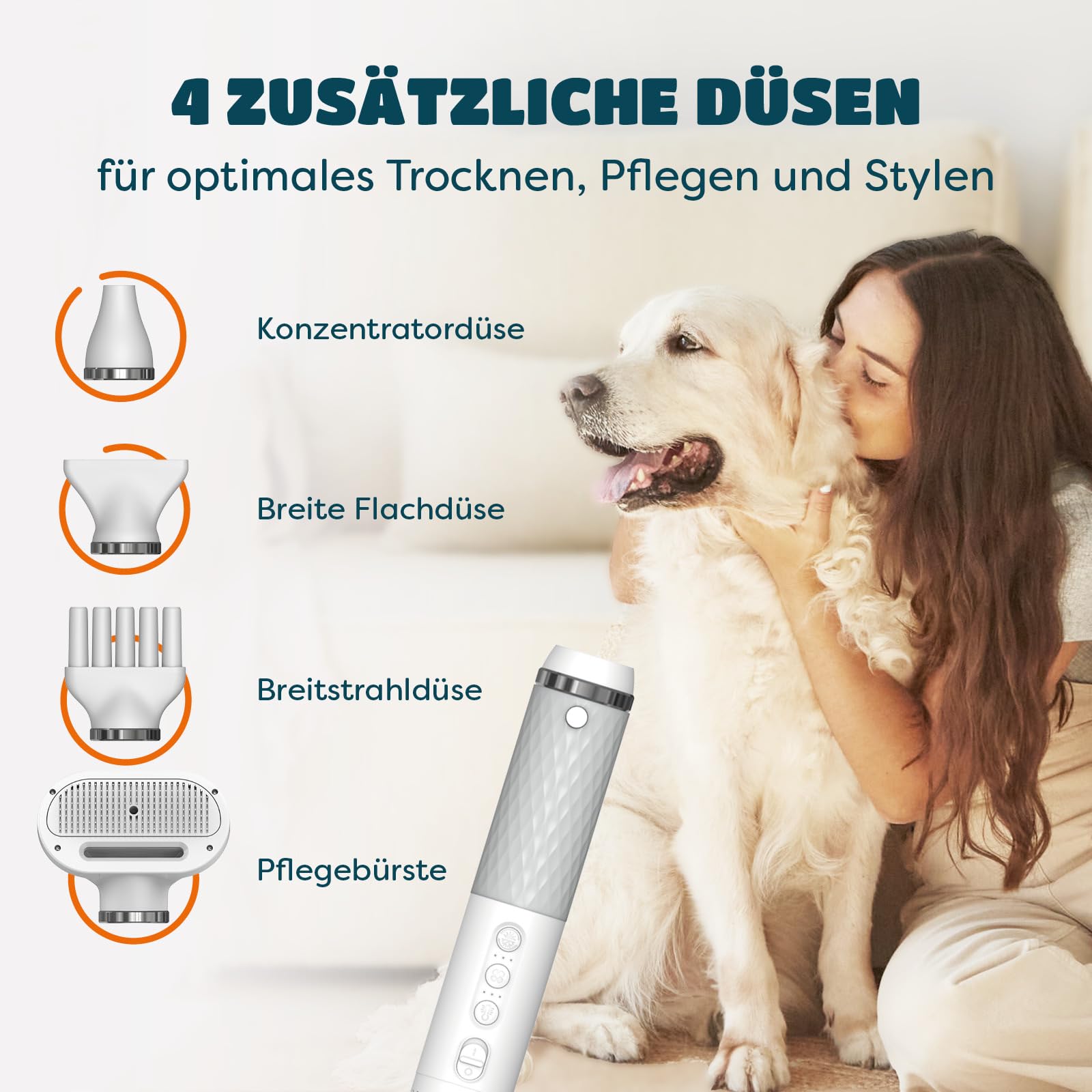 KUUBIA 5-in-1 Hundeföhn 900W | Blower Hundefön | Föhn und Bürste in einem | Tierföhn für Hund & Katze | Hundetrockner | Leise, NTC, Negative Ionen, Tragbar | für alle Rassen und Felltypen - Dryer