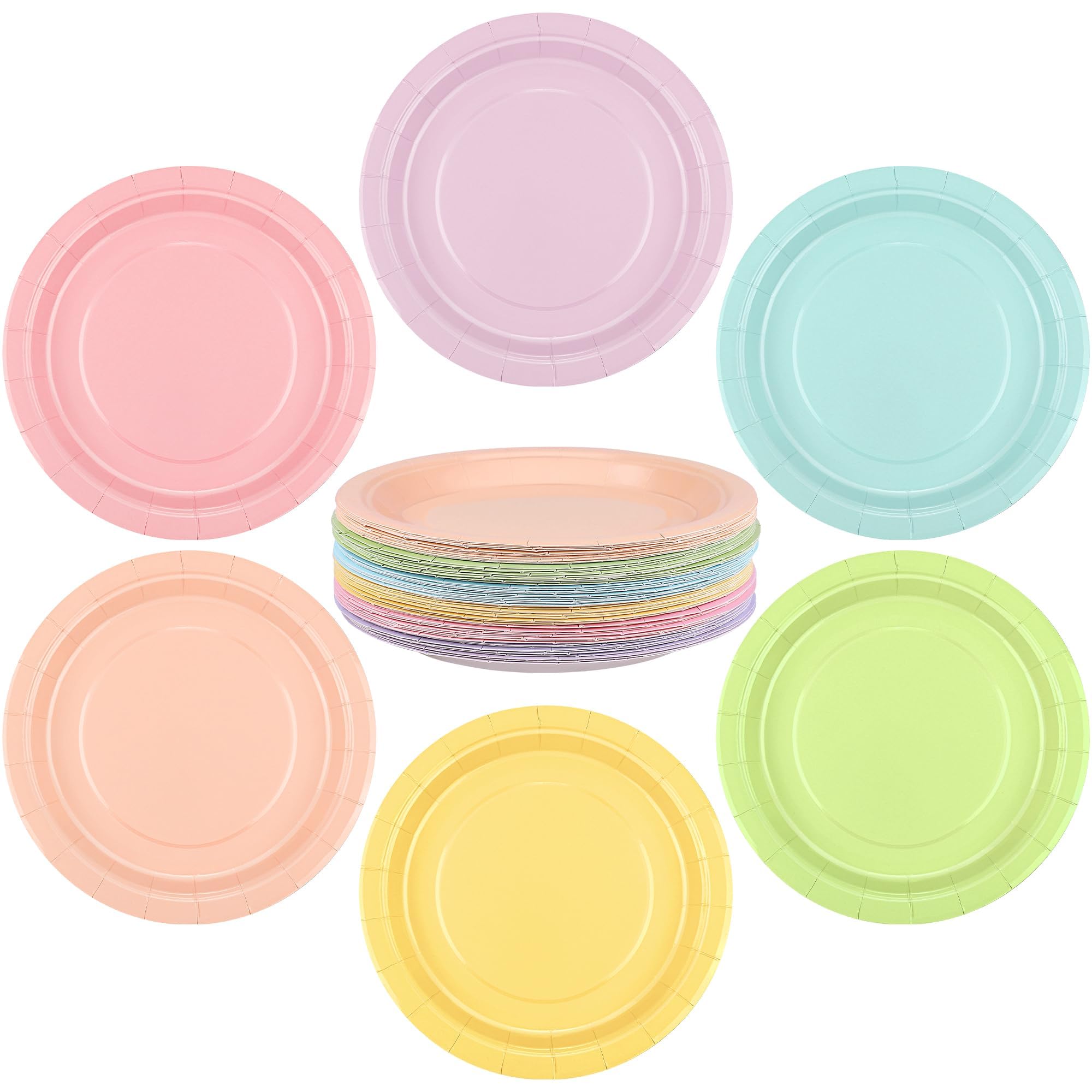 Breroa 72 Pieces Pastel Rainbow Paper Plates 7 Inch Bulk Plates Disposable Round Dessert Plate Heavy Duty Solid Color Paper Plate Table Decors Party
