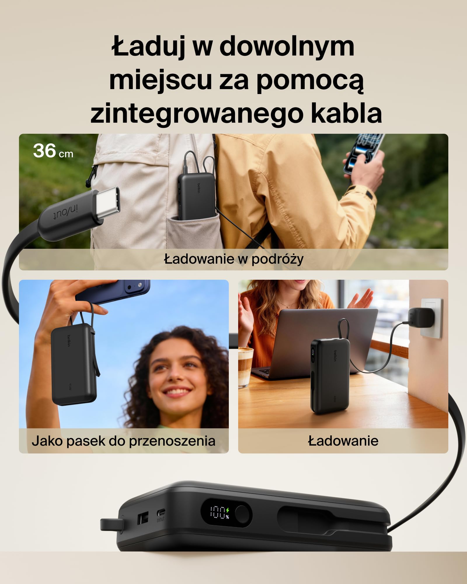 Belkin UltraCharge Powerbank 20 000 mAh, Kabel USB-C, Wyświetlacz – Czarny | Powerbank 20 000 mAh, Ładowanie 3 Urządzeń (1 Port USB-C, 1 Port USB-A, Kabel USB-C), 45 W, Wstępnie Naładowany, Wyświetlacz