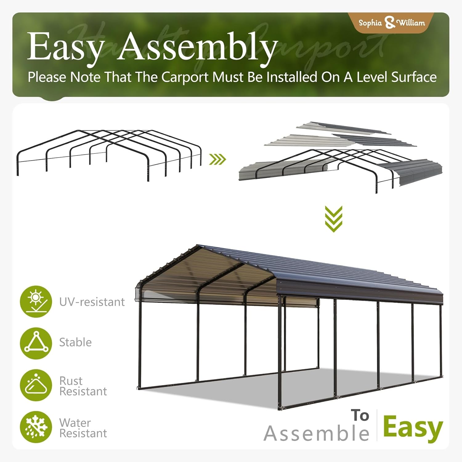 Carport Car Port Metal Canopy 12x20 ft Heavy Duty for Snow, Portable Garage Kit Shed Tent Shelter Metal Frame All Weather Outdoor for Boat with Removable Sidewalls, Dark Grey, Sophia & William
