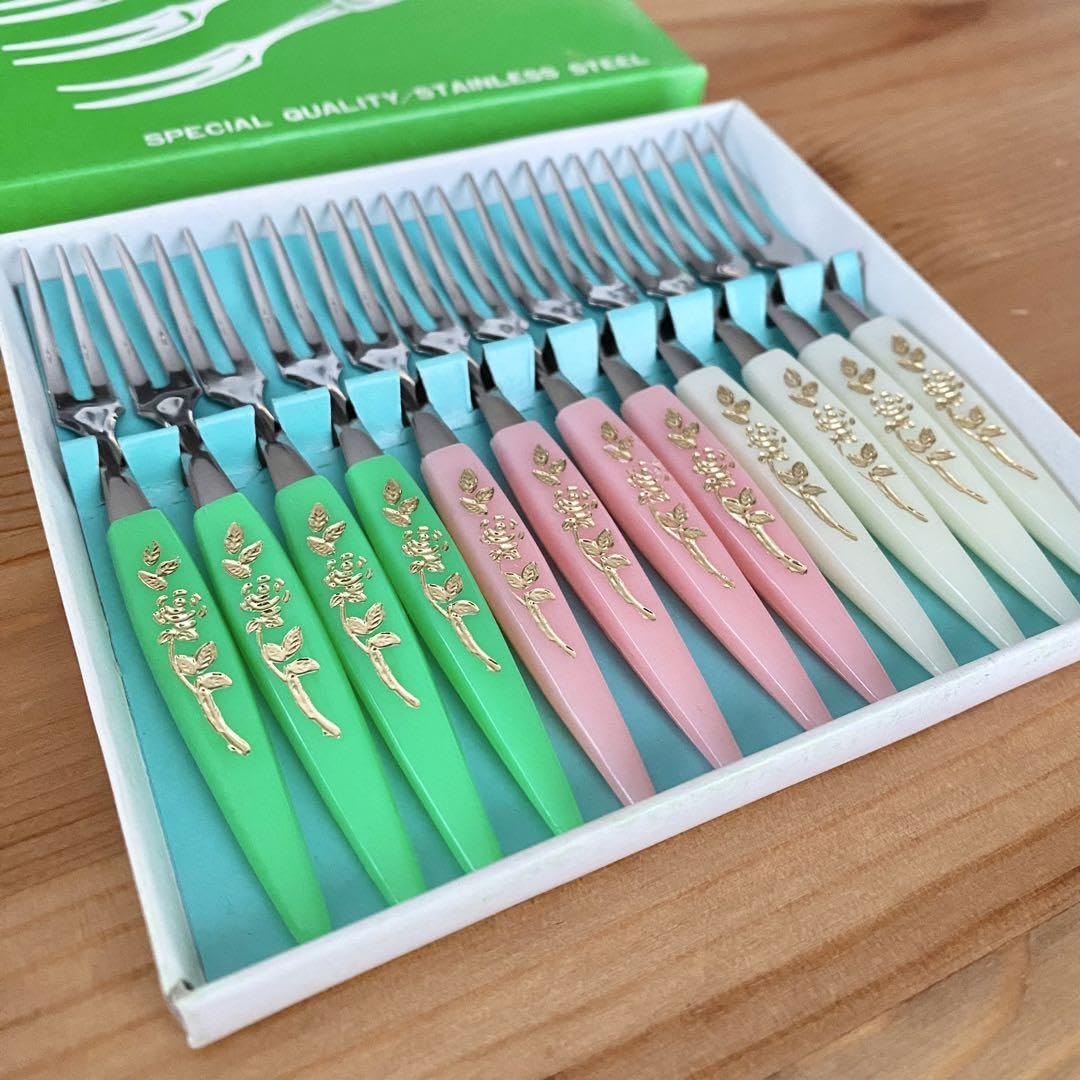 Amazon.co.jp: 昭和レトロ フルーツフォーク 12本セット ローズ柄