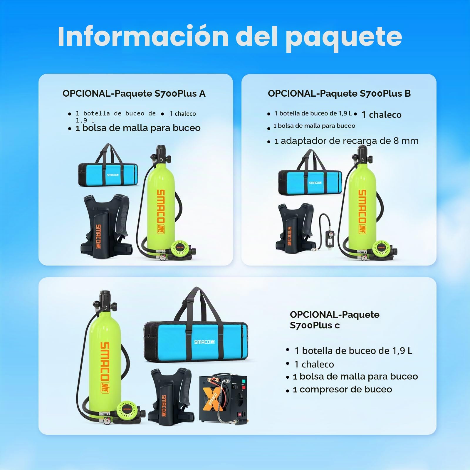 SMACO S700 Plus Mini Botella de Buceo 2 litros Portatil Bombona de Buceo para Respiración Subacuática Pequeñas Botella Submarinismo Tanque de Buceo Recargable para Viajes Nadar Rescate
