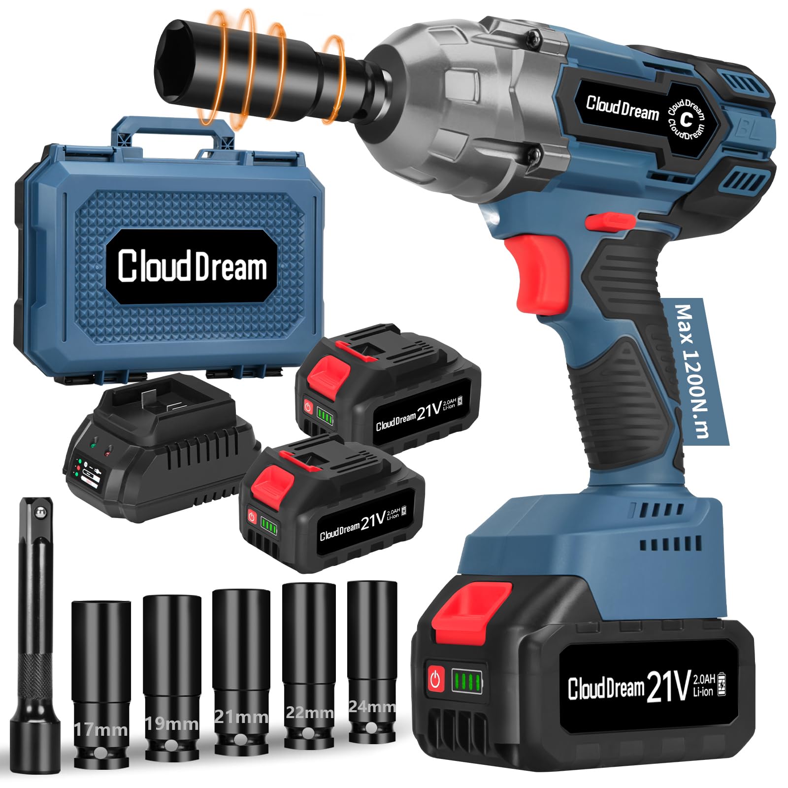 Photo 1 of 1/2 Inch Cordless Impact Wrench, 900Ft-lbs (1200N.m) Brushless Electric Impact Gun, 3800RPM, High Torque Impact Driver with 2.0 Ah Batteries, 3 Variable Speeds, 5 Sockets, for Home Car/Mower/Pickup