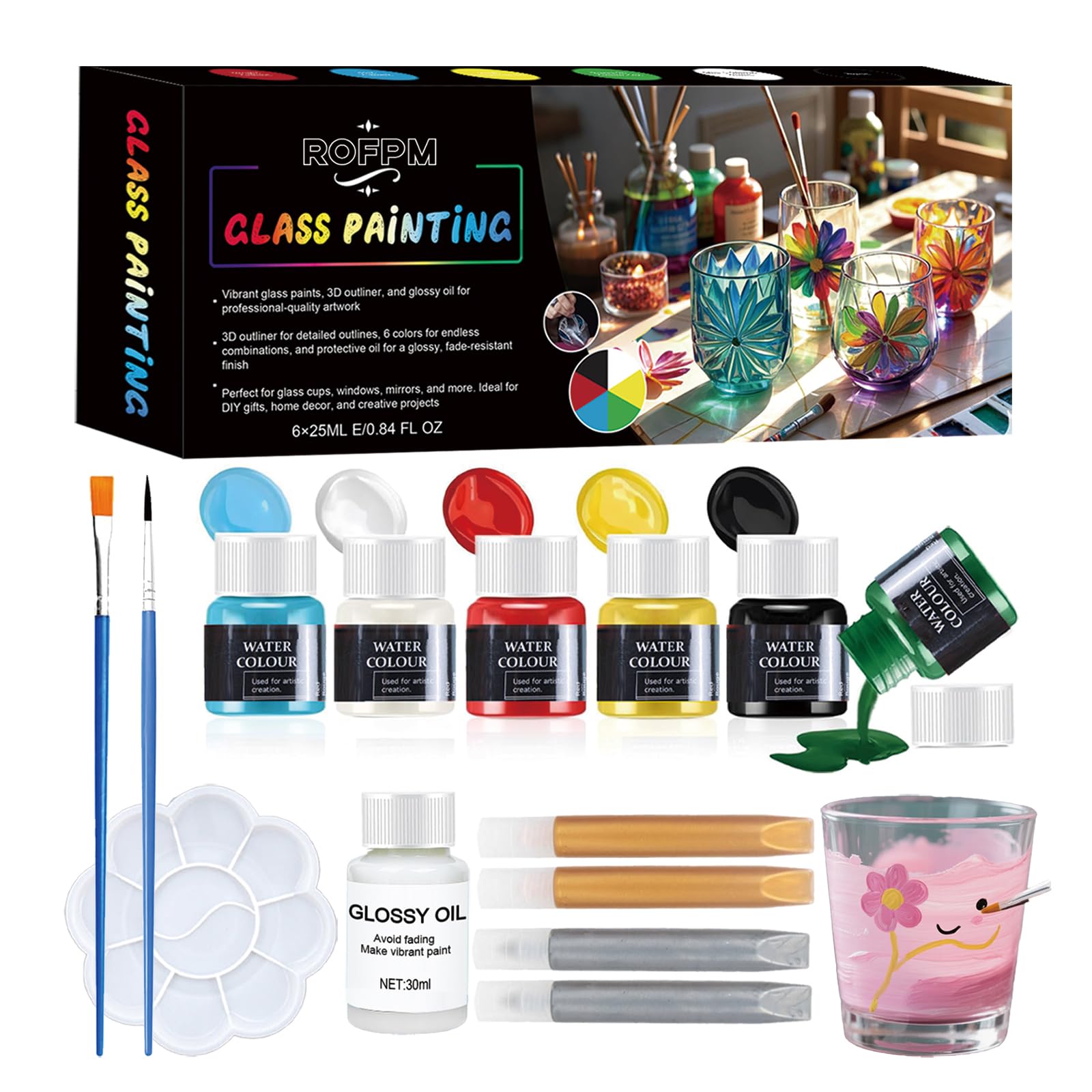 Stained Glass Paint for Glass Painting, Wine Glasses, Light Bulbs and Ceramic Stain Glass Paint Kit With Glossy Oil (6 Colors x 0.84 fl.oz)-image-28