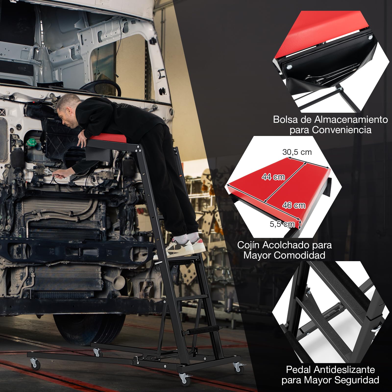 GOPLUS Enredadera Automotriz Superior Plegable, Escalera con Ruedas Carga 180 kg con 5 Niveles de Altura y 3 Ángulos Ajustables, Taburete de Trabajo para Garaje Taller Camión