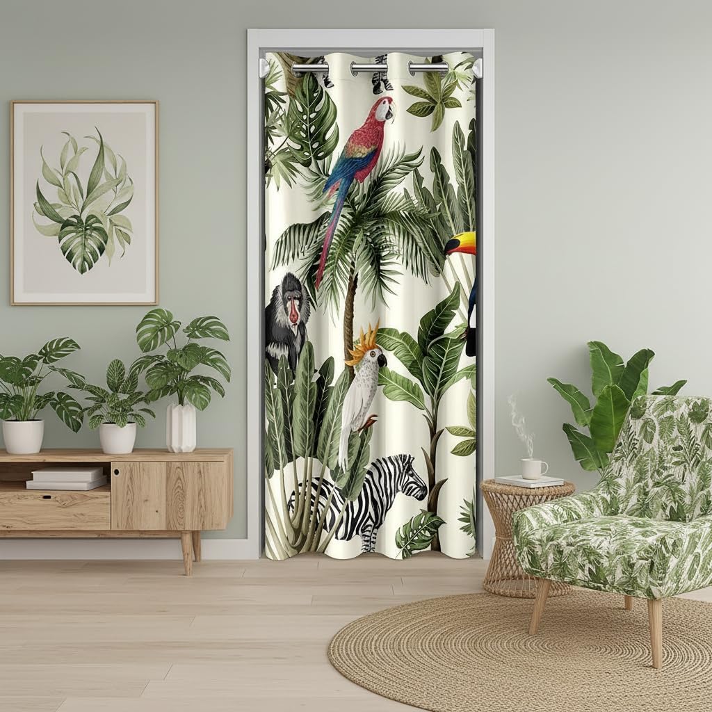Castle Fairy Wild Birds Door Curtain Watercolor Palm Trees Tropical Plants Doorway Curtain 52" W X 84" L for Bedroom Decor Cute Toucan Monkey Blackout Curtain for Girls Boys Kids