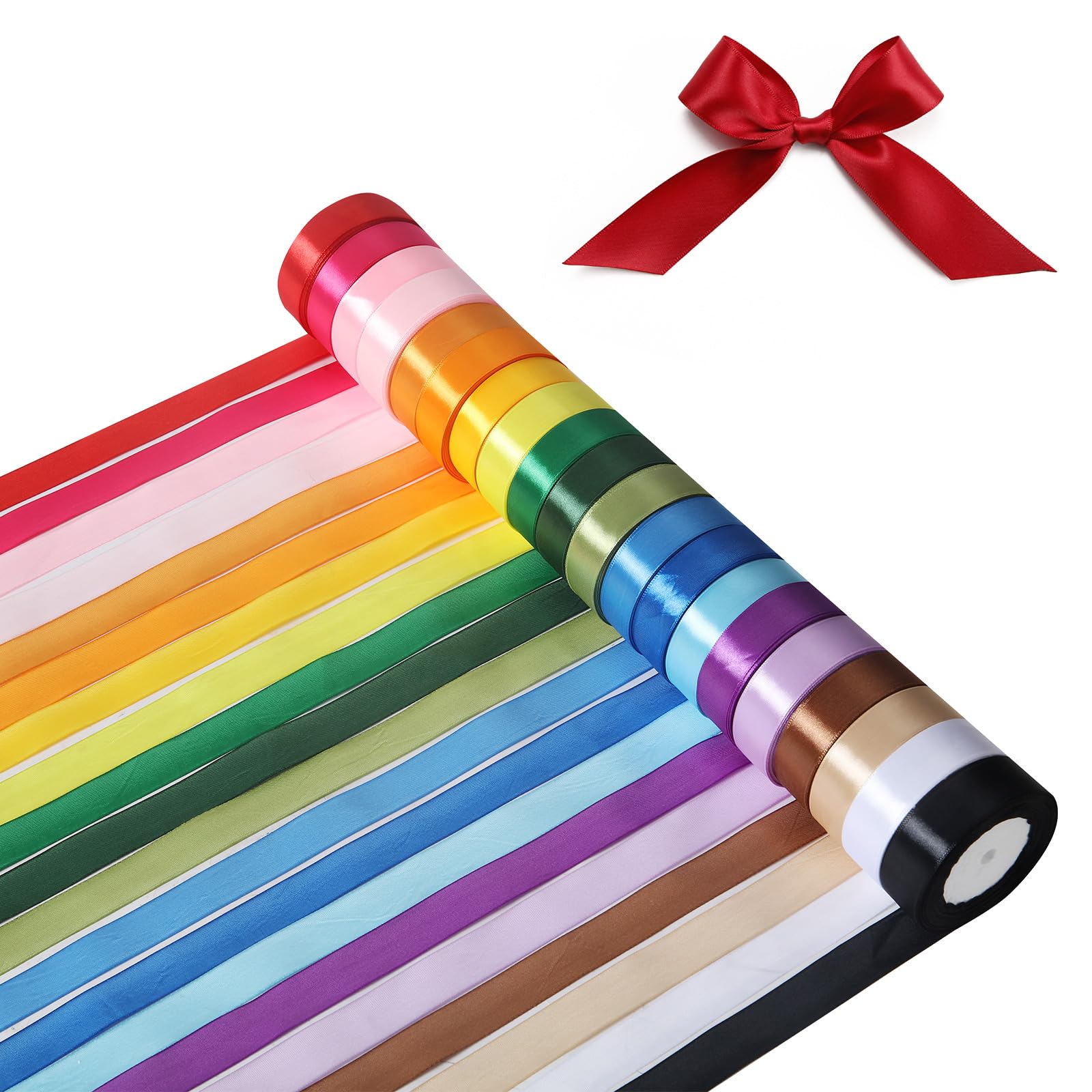 Lot de 20 rubans de satin arc-en-ciel de 2,5 cm x 22,7 m au total de 457,4 m de ruban de satin coloré pour emballage cadeau, Halloween, Noël, décorations de fête de mariage