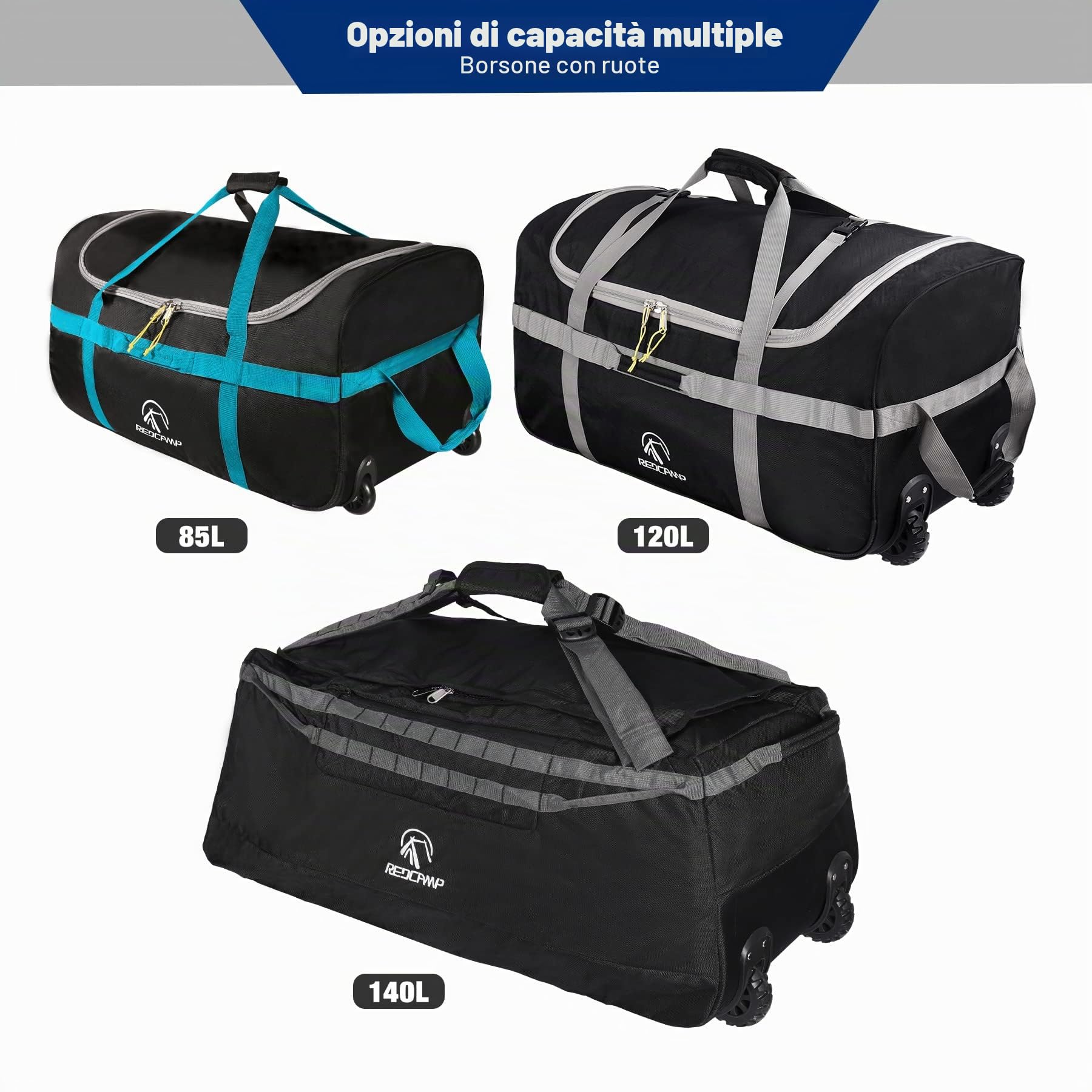 REDCAMP Borsone da viaggio con ruote, grande bagaglio pieghevole da viaggio con rulli, 140 l, nero, 140l