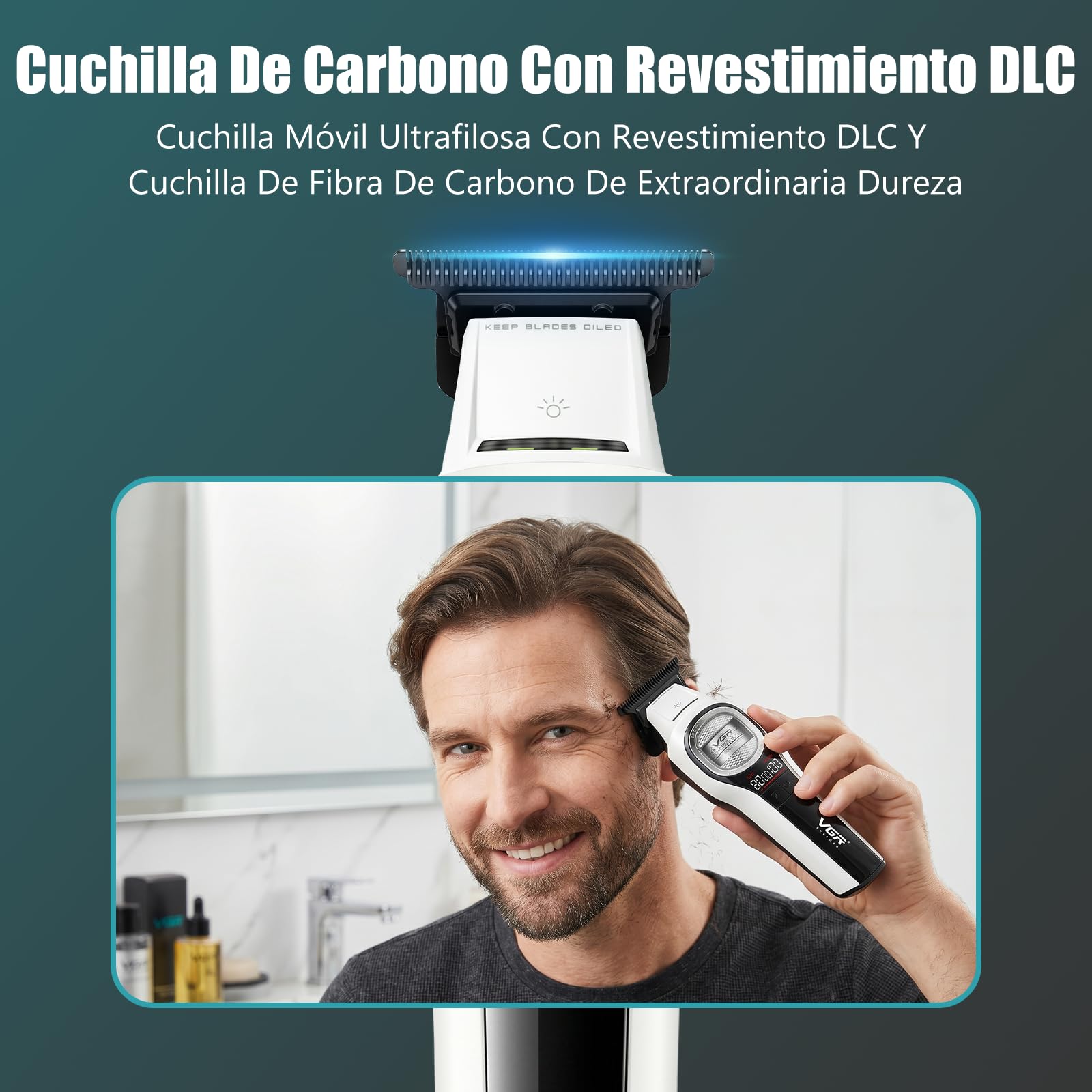 VGR 888C Cortapelos Profesional Inalámbrico, Función Turbo, Blanco | Motor BLDC De Rotor Externo, Luz Integrada, Base De Carga Y Pantalla LED