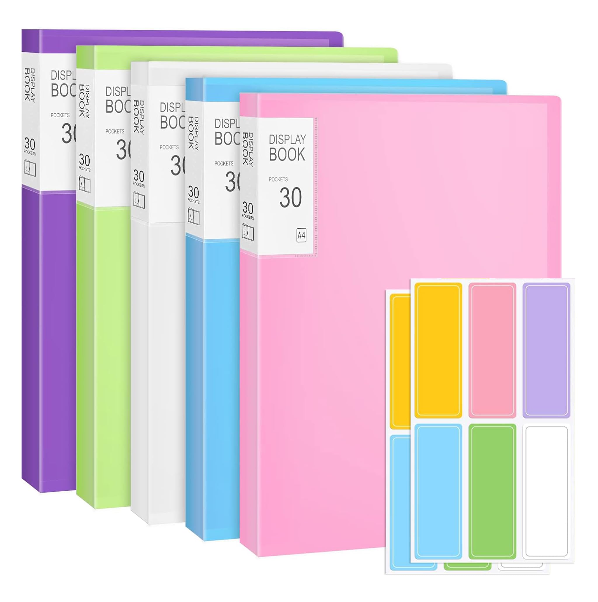 5 Pack A4 Display Book with 30 Pockets(60 Views), A4 Portfolio Presentation Folder with Clear Plastic Sleeves,Art Portfolio Storage Organiser with Index Tabs for Artwork, Paintings, Posters