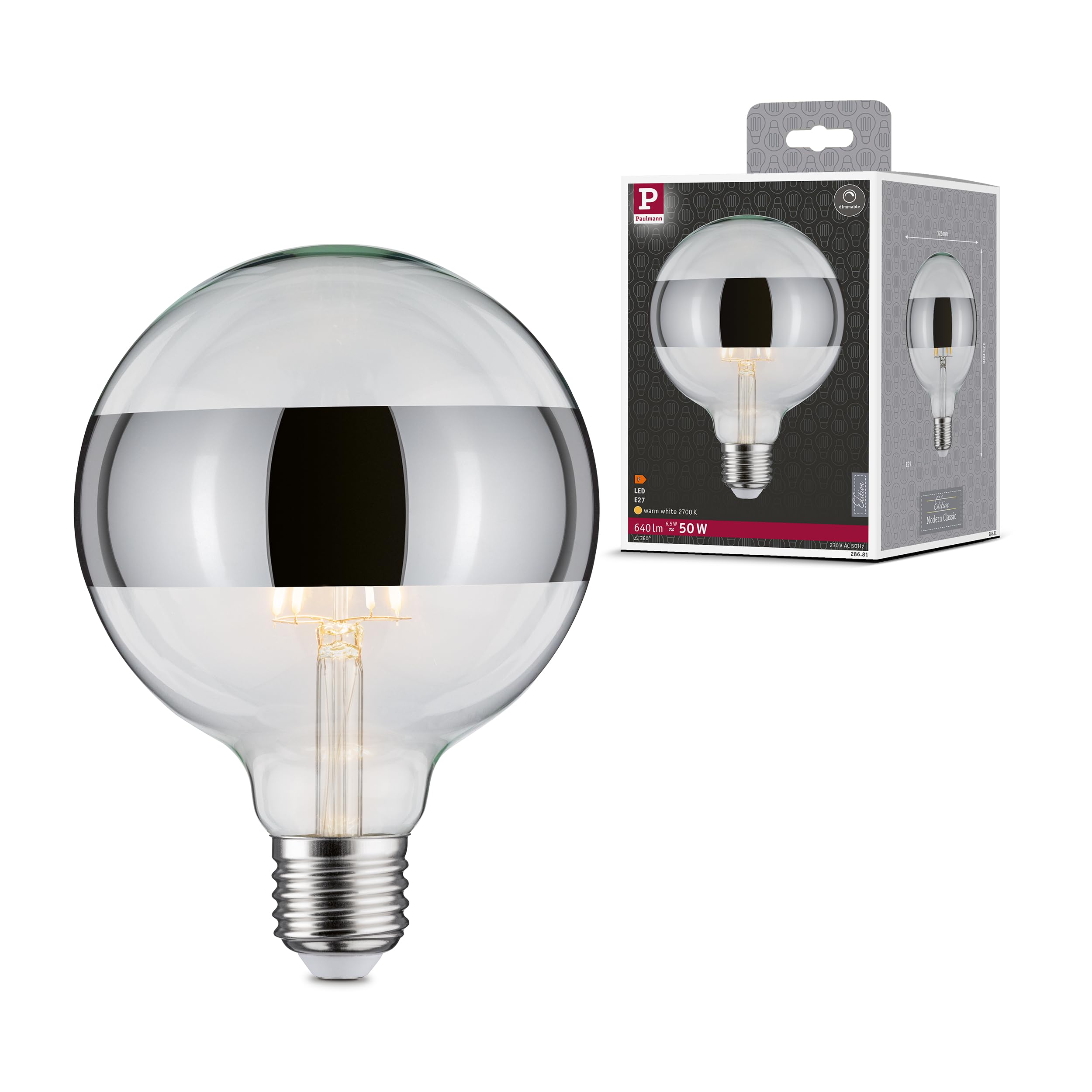 Paulmann 28681 LED Filament lamp G125 6 watts lamp semi-Crown Silver 2700 K Warm White dimmable E27
