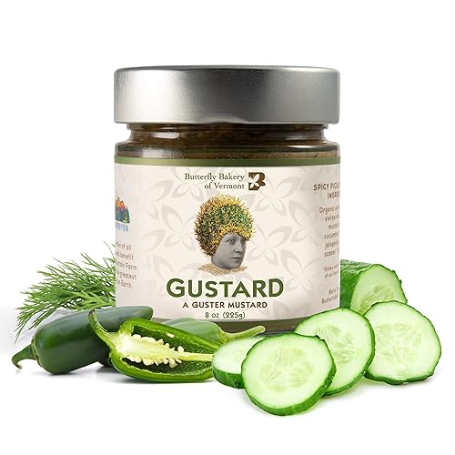 Butterfly Bakery of Vermont - Gustard - Una mostaza Guster, pepinillo picante, mostaza gourmet para untar con pepinos Vermont, jalapeños, eneldo y