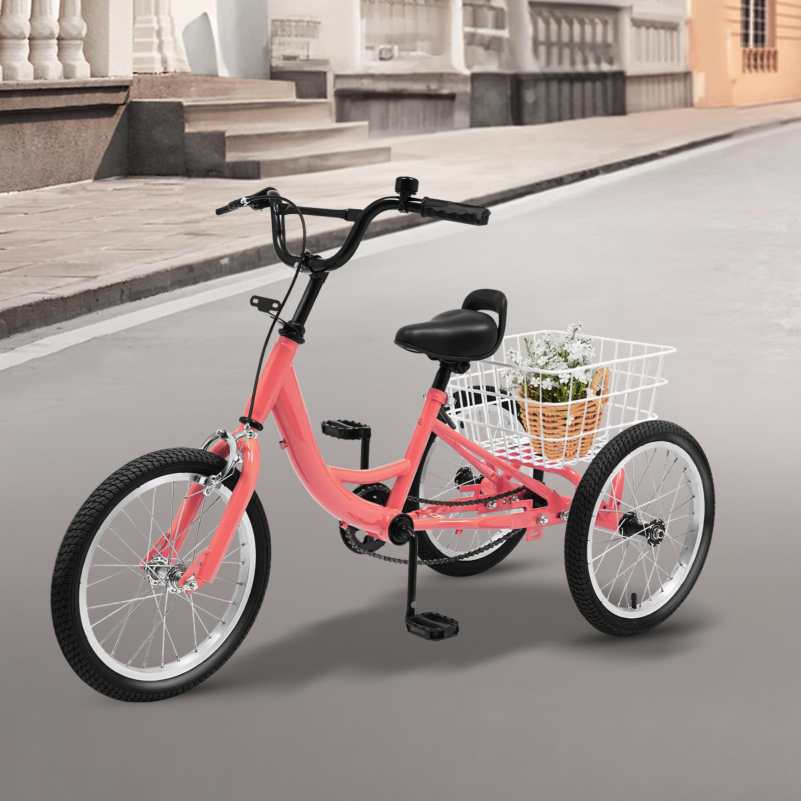 Tricycle pour enfant de 16 ", 3 roues avec grand panier, vélo à vitesse unique avec panier pour filles et garçons de 7 à 10 ans (orange clair)