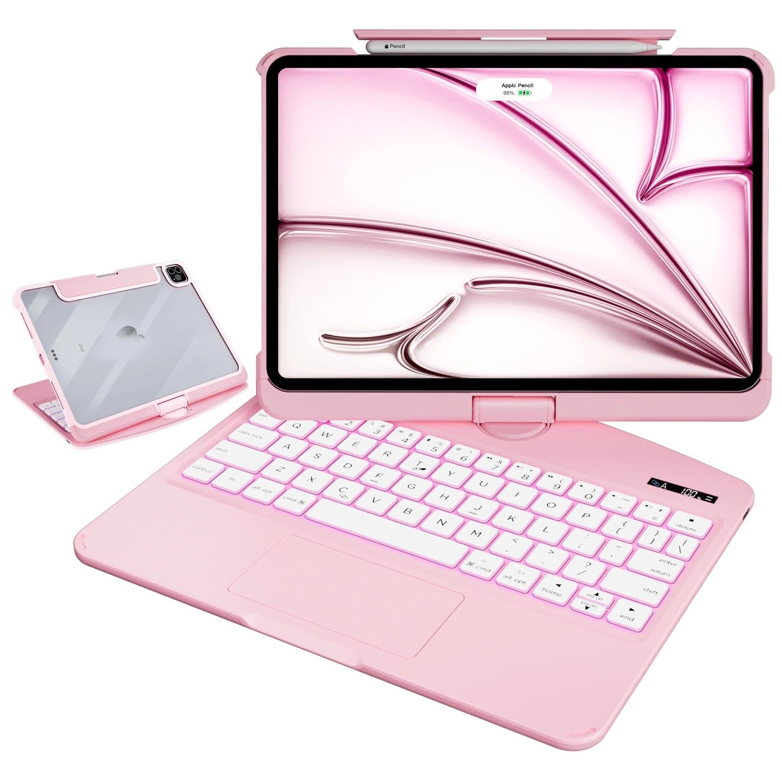 For iPad Air 13 Inch Case Keyboard (M4/M3/M2/6/5/4th Generation), iPad Pro 11 Inch Case with Keyboard (Pro 4/3/2/1), Precision Multi-Touch Trackpad, Pencil Holder, 360 Rotating, LED Display, Pink