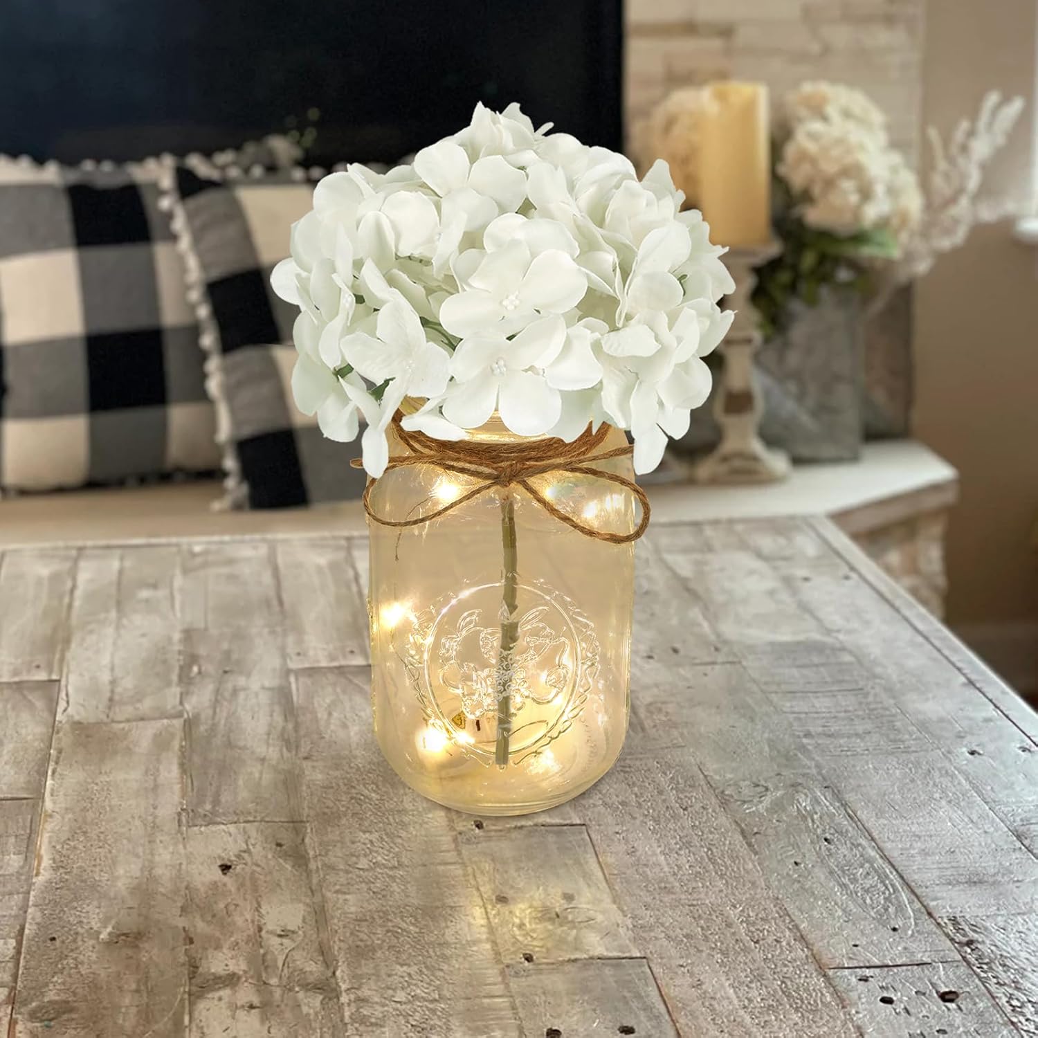 Set of 3 Mason Jar with Lights White Hydrangea Decorative Jars Flower Vase Farmhouse Table Centerpiece for Home Wedding Event Party Decor