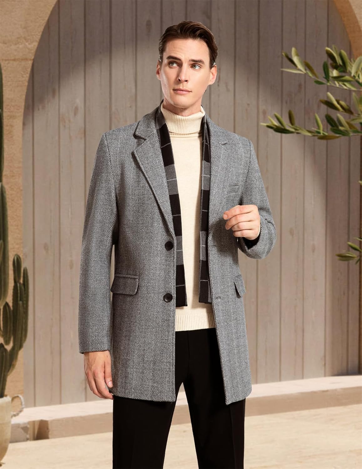 Men's Wool Blend Overcoat Pea Coat with Detachable Scarfs Slim Fit Single Breasted Mid Long Trench Coat Jacket