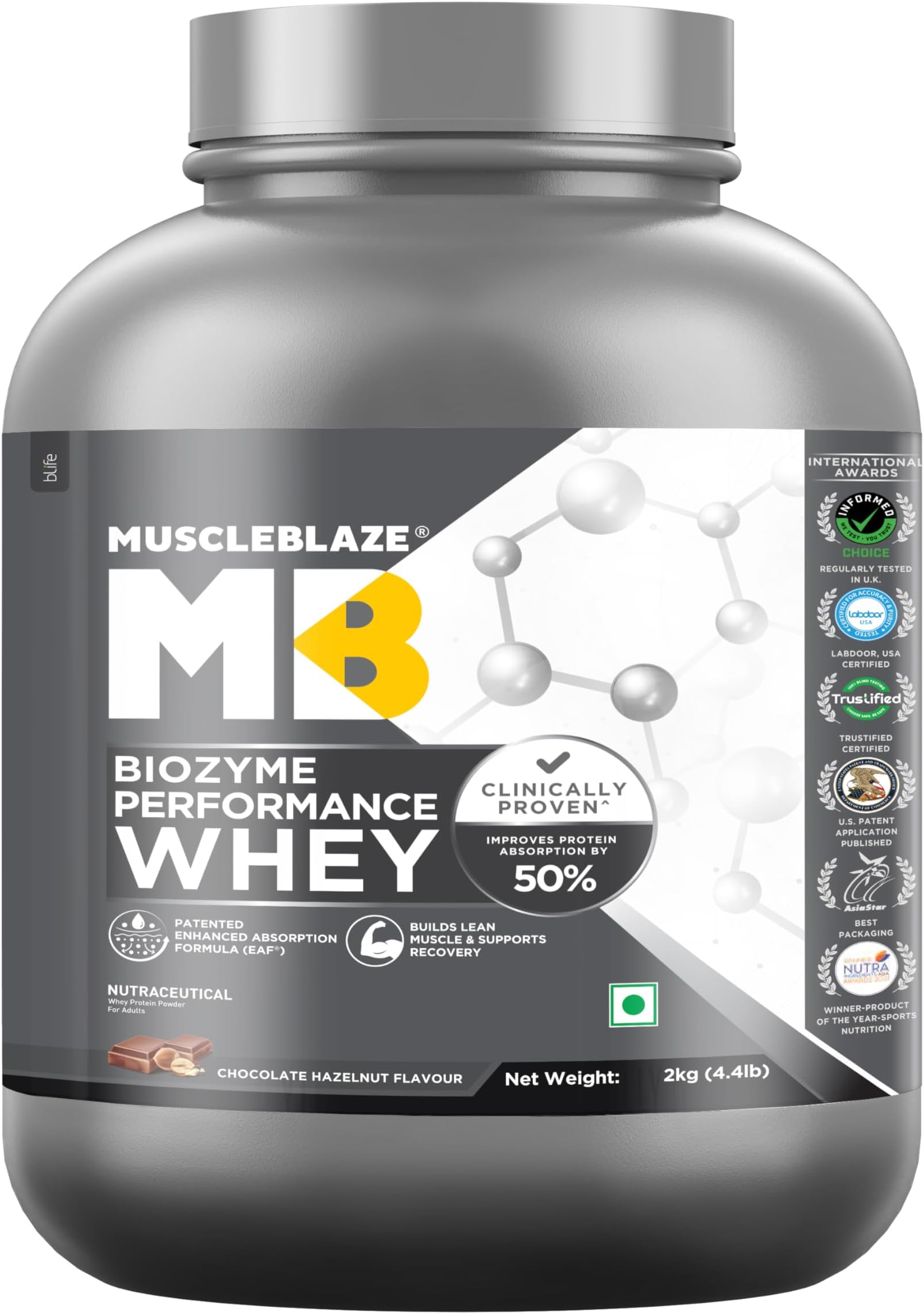 Biozyme Performance Whey Protein Powder, Chocolate Hazelnut (2kg / 4.4lbs) | 25g Protein Per Scoop | Clinically Tested 50% Higher Protein Absorption