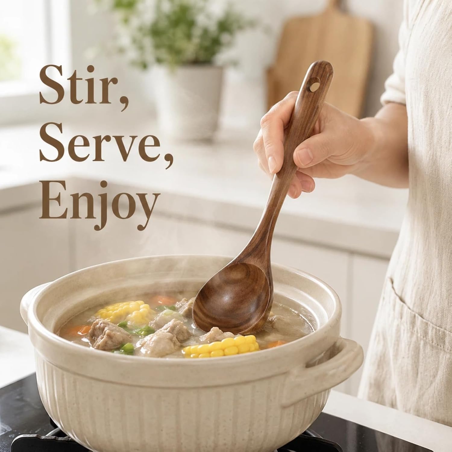 Wooden Ladle for Soup – 11x3" Deep Wood Ladle, Long Handle-End & Heat-Resistant Handle for Comfortable Grip, Easy to Clean Wooden Soup Spoon for Sauces, Stews and Kitchen Use Cooking