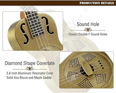 F Holes Matt Satin Brass Body Resonator Ukulele Matt Finish Ukulele Bundle Kit