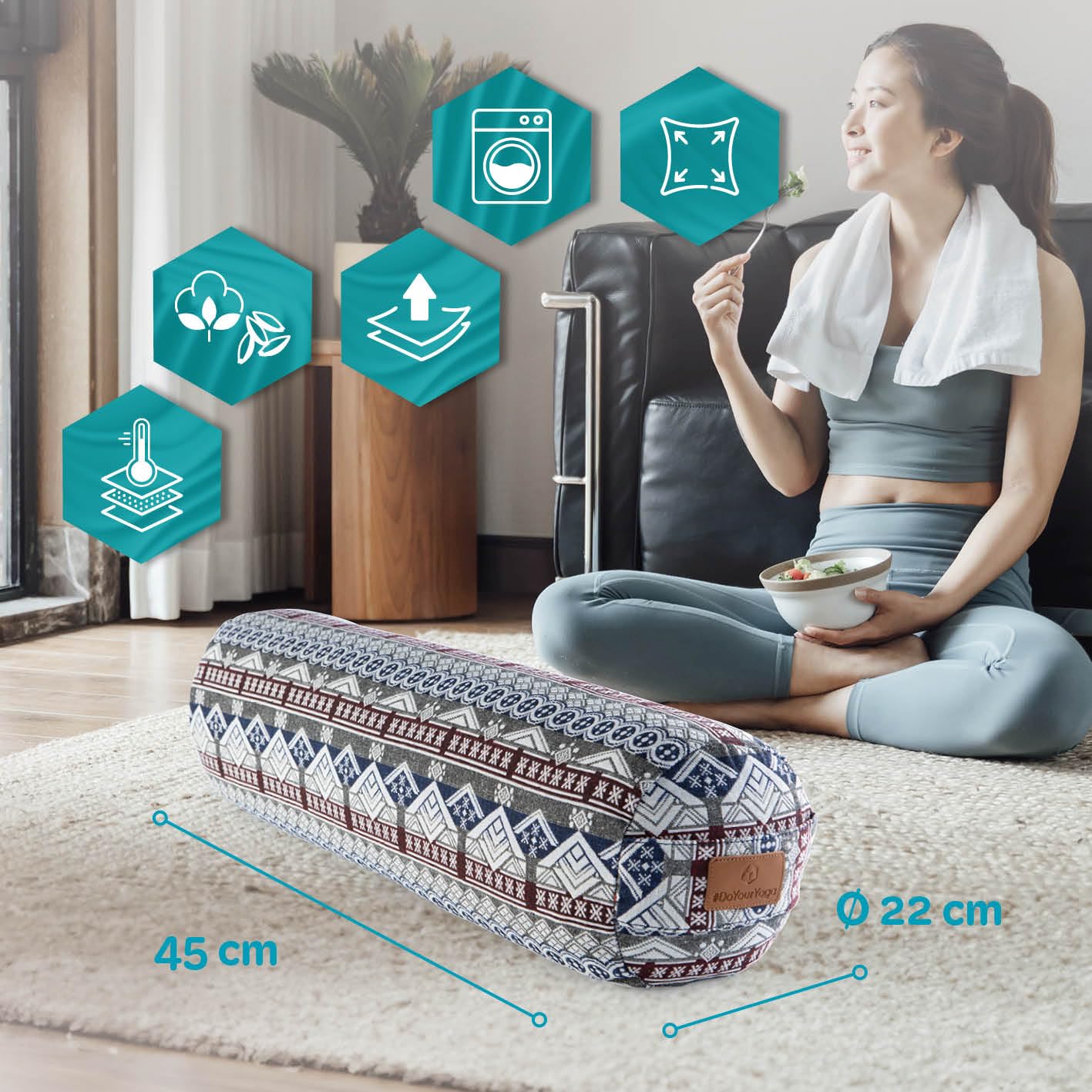 #DoYourYoga Bolster per yoga cilindrico con pula di farro bio o pula di grano saraceno bio | 68cm x 22cm | lavabile in lavatrice | ideale come cuscino yoga | cuscino zafu | Supporto Per meditazioni