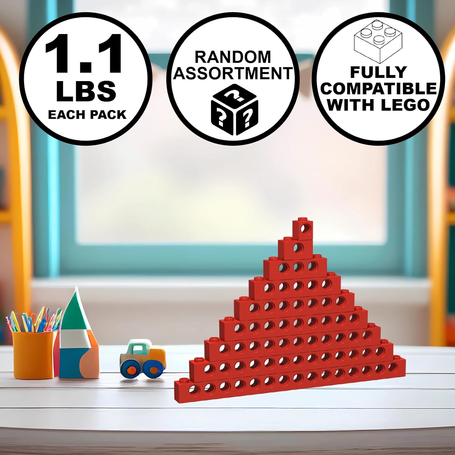 Technical Beams Bulk Pack – 1.1 LBS Red Assorted Building Block Technical Liftarms (1×3 to 1×15 Studs), Compatible with Lego & Major Brands