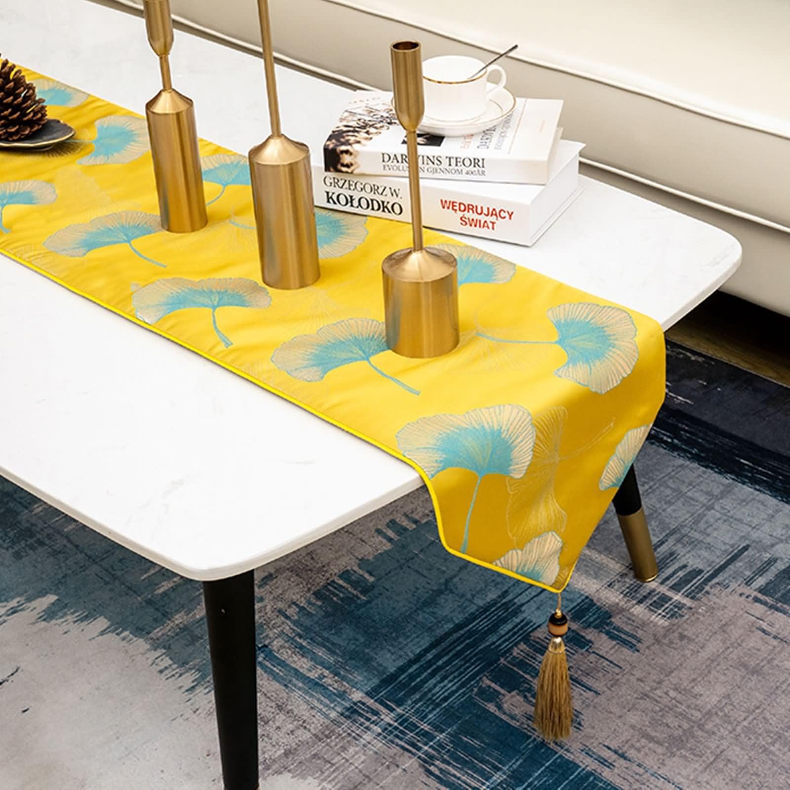 Runner Tavola Giallo con Motivi Floreali,Poliestere,33x240cm