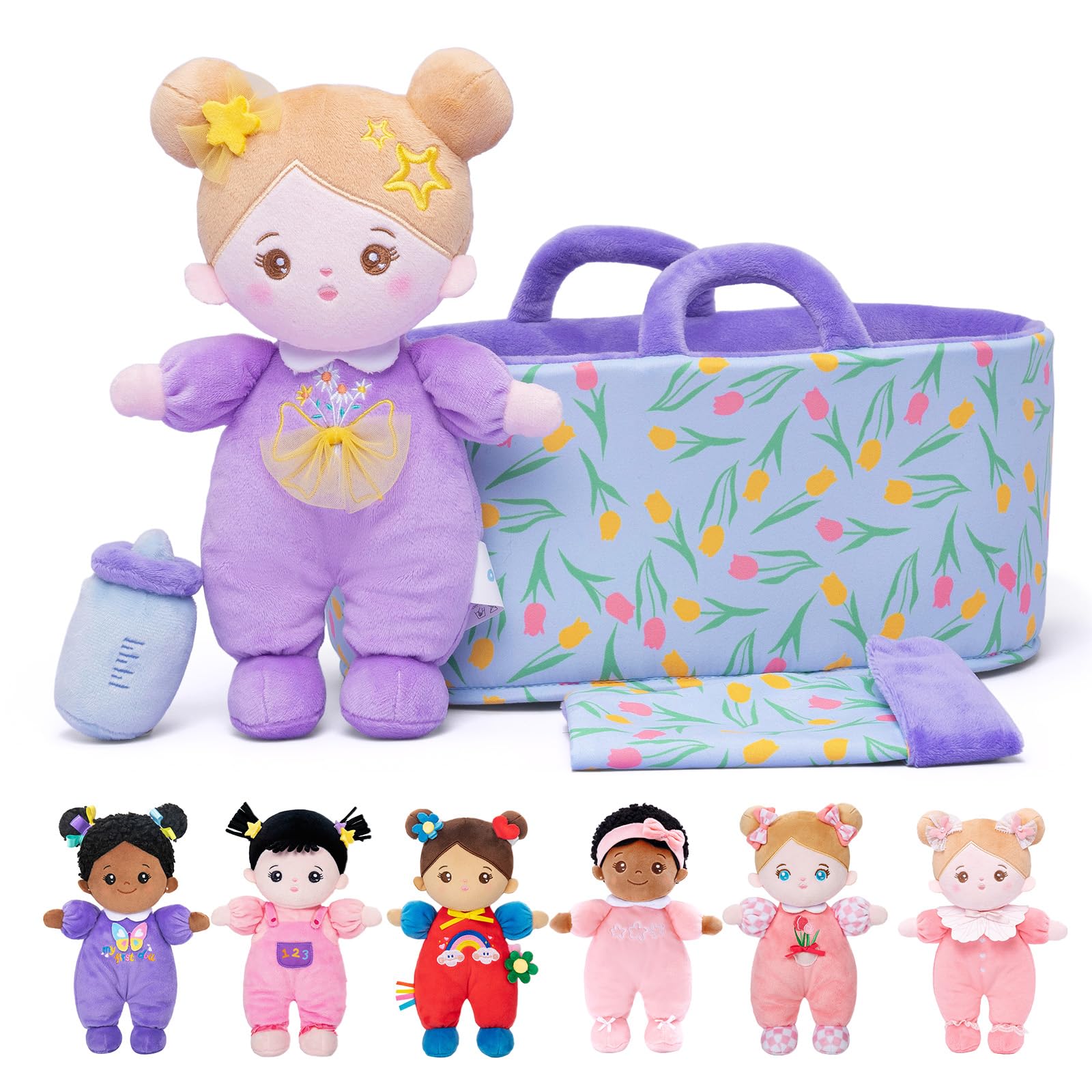 OUOZZZBaby Soft Doll with Carrying Case and Doll Accessories Purple, 25cm Soft Cloth Doll Cuddly Doll for Children from 3 Months - Baby Gift for Birth Girls Boys